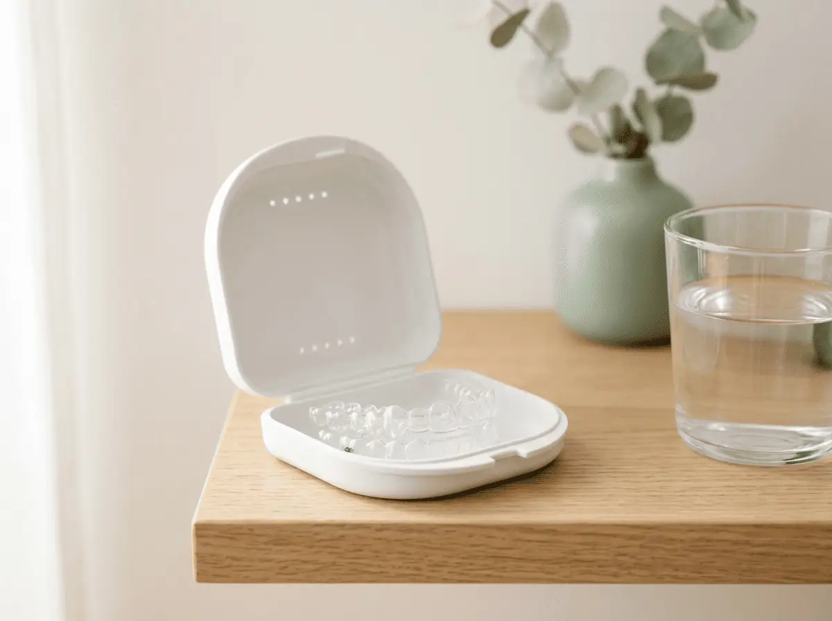Paire d'aligneurs orthodontiques transparents posés dans leur étui ouvert près d'un verre d'eau — utilisation et entretien des aligneurs, cabinet dentaire à Marseille