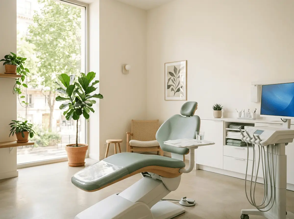 Salle de soins moderne et lumineuse d'un cabinet dentaire, fauteuil épuré et grande fenêtre — cabinet dentaire à Marseille