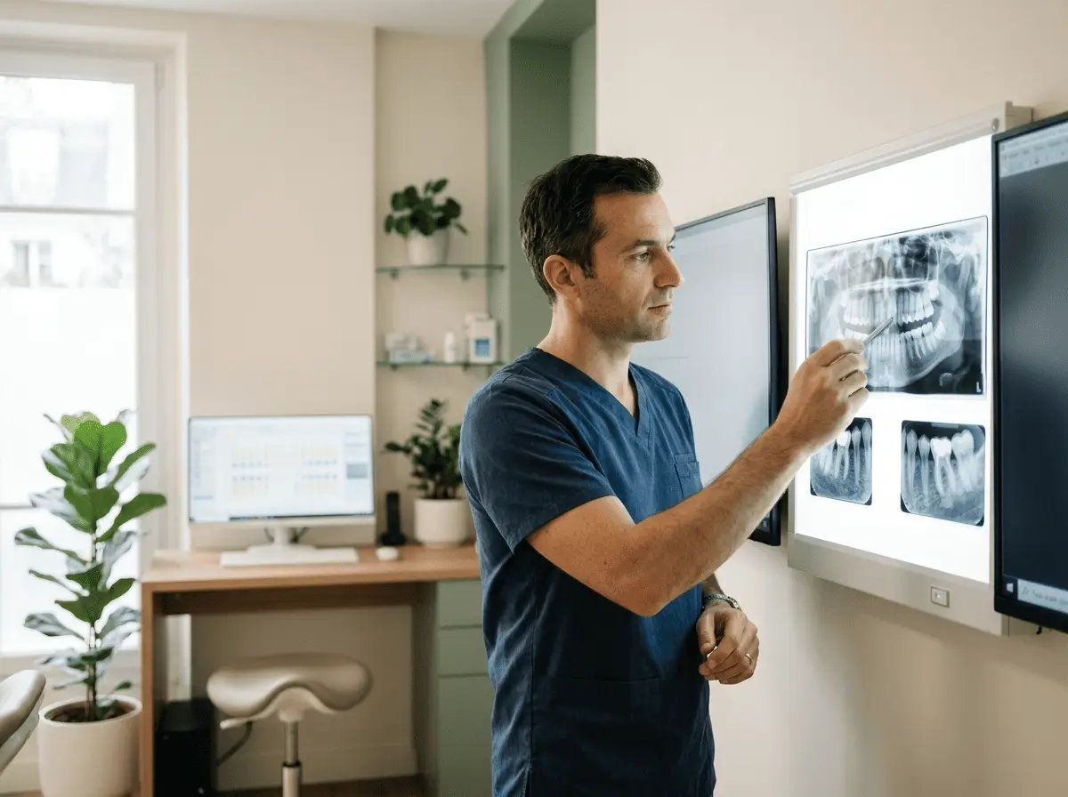 Chirurgien-dentiste analysant des radiographies dentaires sur un négatoscope lumineux — environnement de soins moderne, cabinet dentaire à Marseille