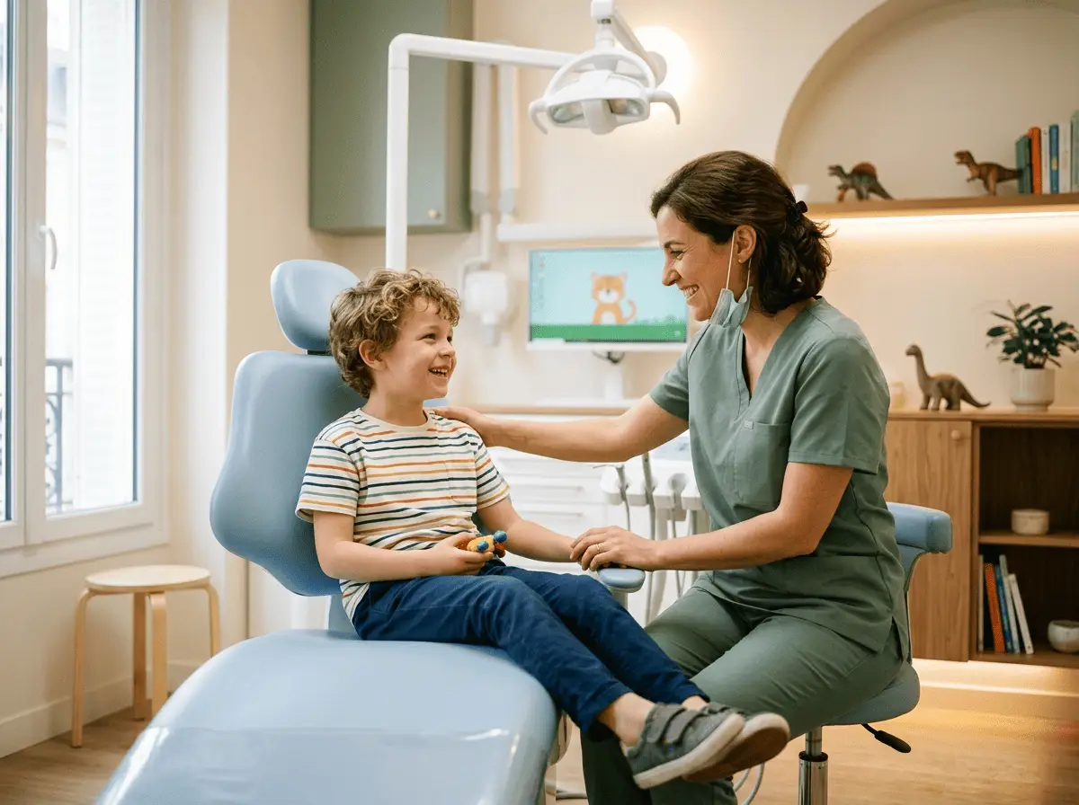 Enfant souriant et détendu dans le fauteuil aux côtés d'un chirurgien-dentiste bienveillant — odontologie pédiatrique, cabinet dentaire à Marseille
