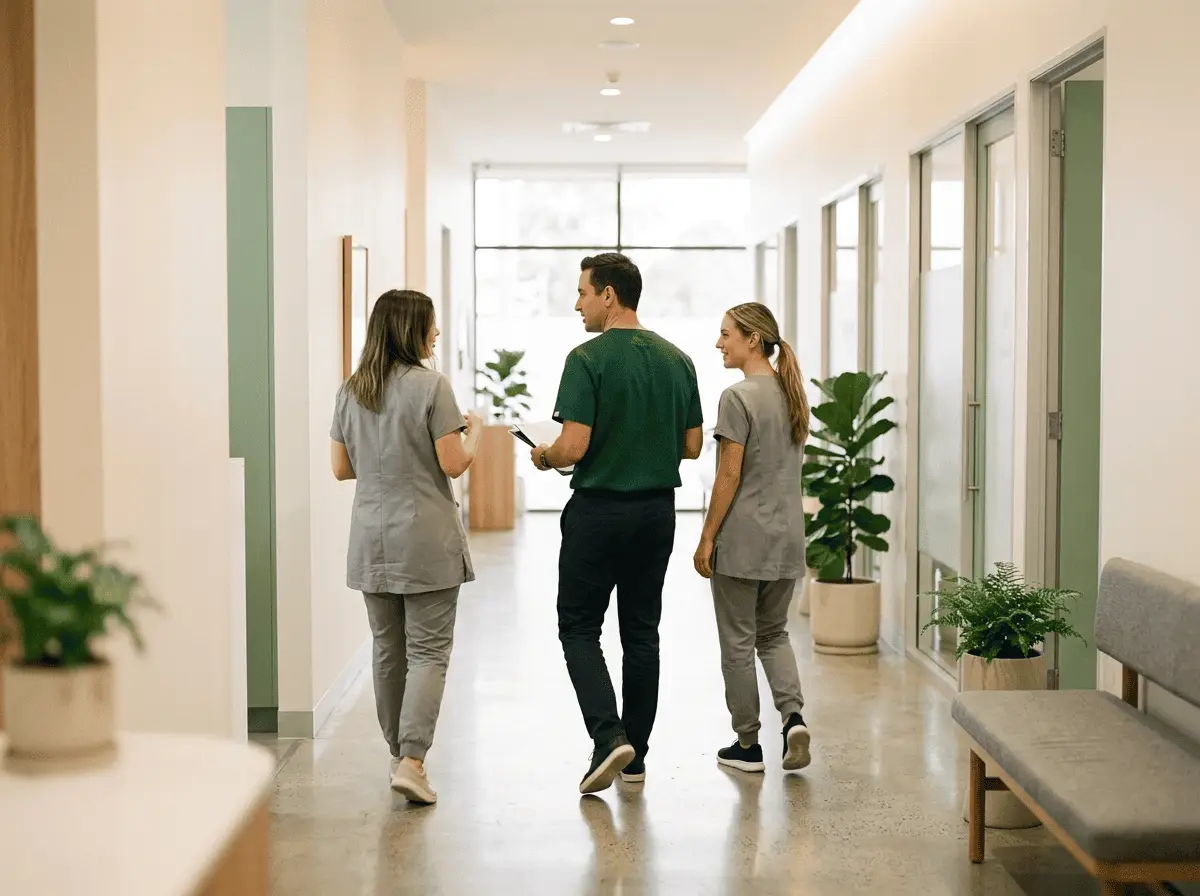 Équipe d'un cabinet dentaire — chirurgiens-dentistes et assistantes dans un couloir lumineux — cabinet dentaire à Marseille