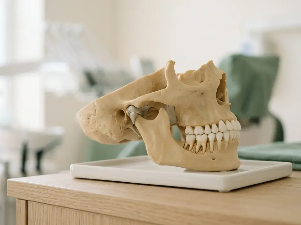Chirurgien-dentiste examinant en douceur l'articulation de la mâchoire d'un patient détendu — prise en charge des dysfonctions orofaciales, cabinet dentaire à Marseille