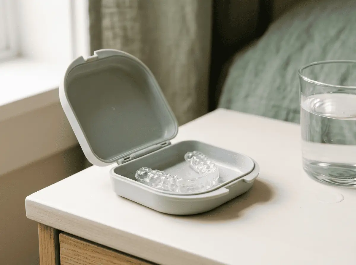 Gouttière occlusale transparente posée dans son étui ouvert près d'un verre d'eau — utilisation et entretien d'une gouttière occlusale, cabinet dentaire à Marseille