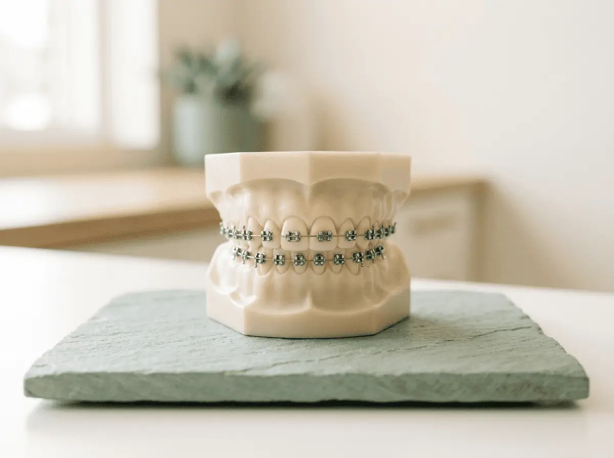 Modèle dentaire équipé d'un appareil orthodontique (bagues et arc) posé sur une tablette claire — orthodontie, cabinet dentaire à Marseille